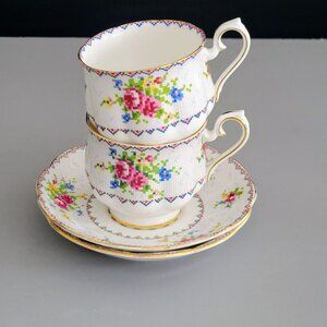 Vintage Royal Albert Petit Point Teacup & Saucer, 2 Sets, Pixel Floral, Hampton